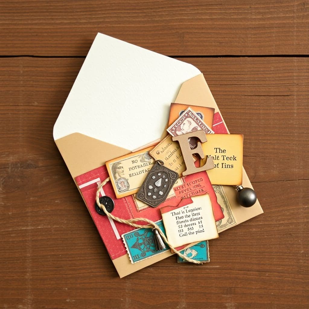AI generated: [This image, seen right and front, shows a layered handmade card collage resting on a textured wood ...