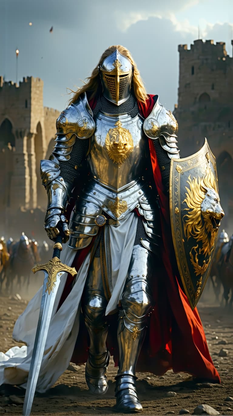 AI generated: An ultra-realistic, zoomed out, front facing, full-body portrait of a noble Paladin in gleaming silv...