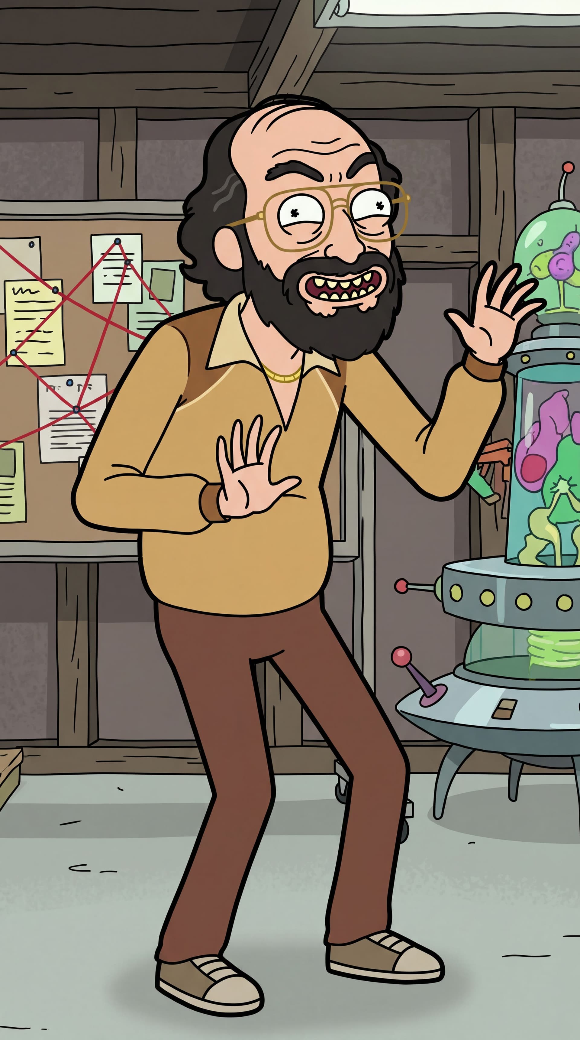 AI generated: Generate full-body cartoon characters Stranger Things Murray Bauman in the iconic Rick and Morty ani...