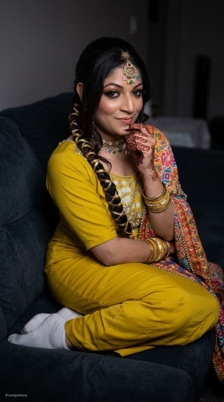 AI generated: looking at me. Sitting on a couch at night(no lights), wearing same (little cleavage) bodycon saree ...