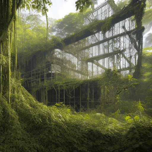 AI generated: A gargantuan, rusted metal structure, half-buried by the encroaching jungle, dominates the scene. Vi...