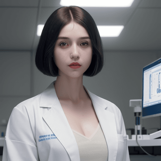 AI generated: a confident woman scientist with a sophisticated bob cut and bright hazel eyes, wearing a pristine w...