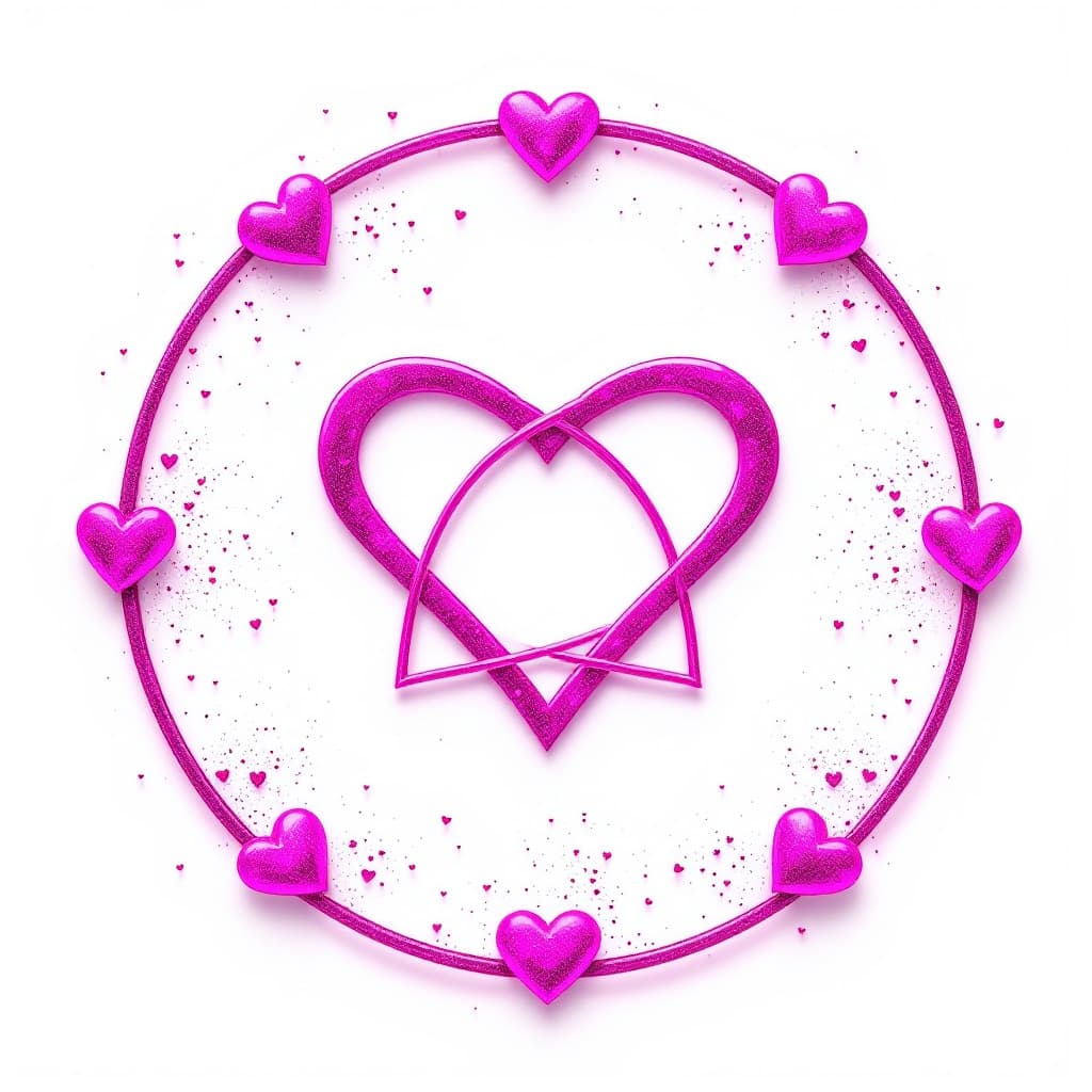 AI generated: A cyber punk unique pink  emblem in a circle with a hearts around the outside on a white background 