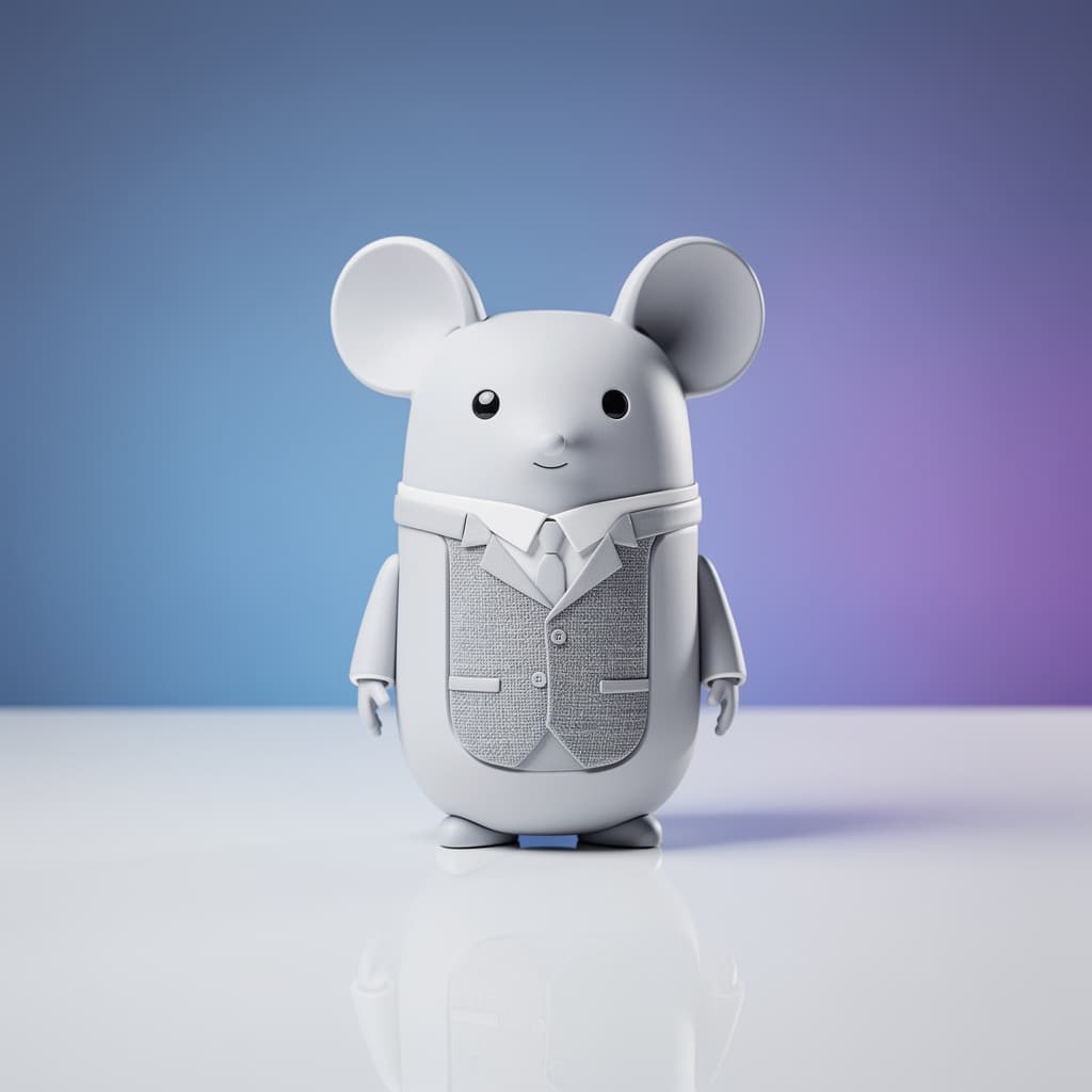 AI generated: Product photography of a smart-dressed mouse puppet, matte white finish with a grey fabric speaker g...