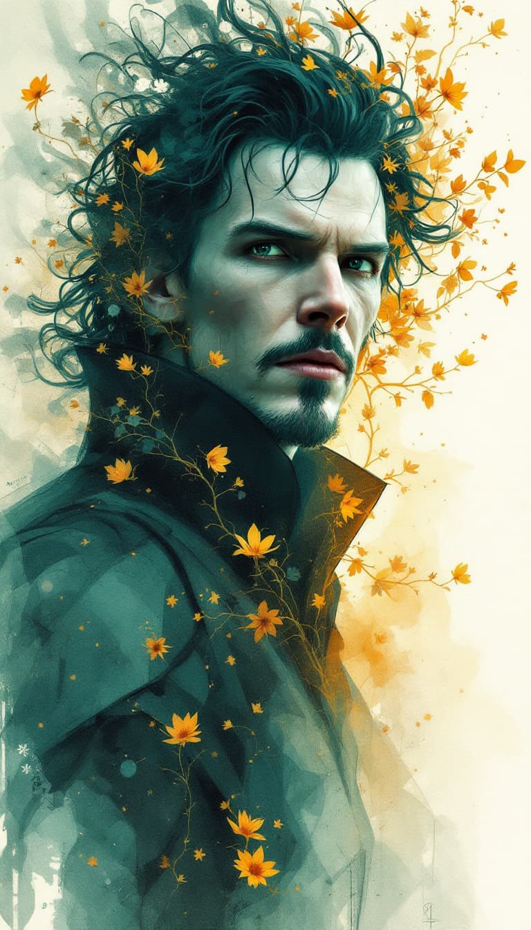AI generated: drawing of dr strange, in the style of video montages, nature-inspired art nouveau, soft-focus, I ca...
