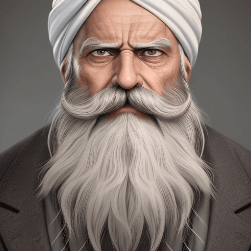 AI generated: The image features an older man, a long white beard and mustache, wearing turban, He has a stern exp...