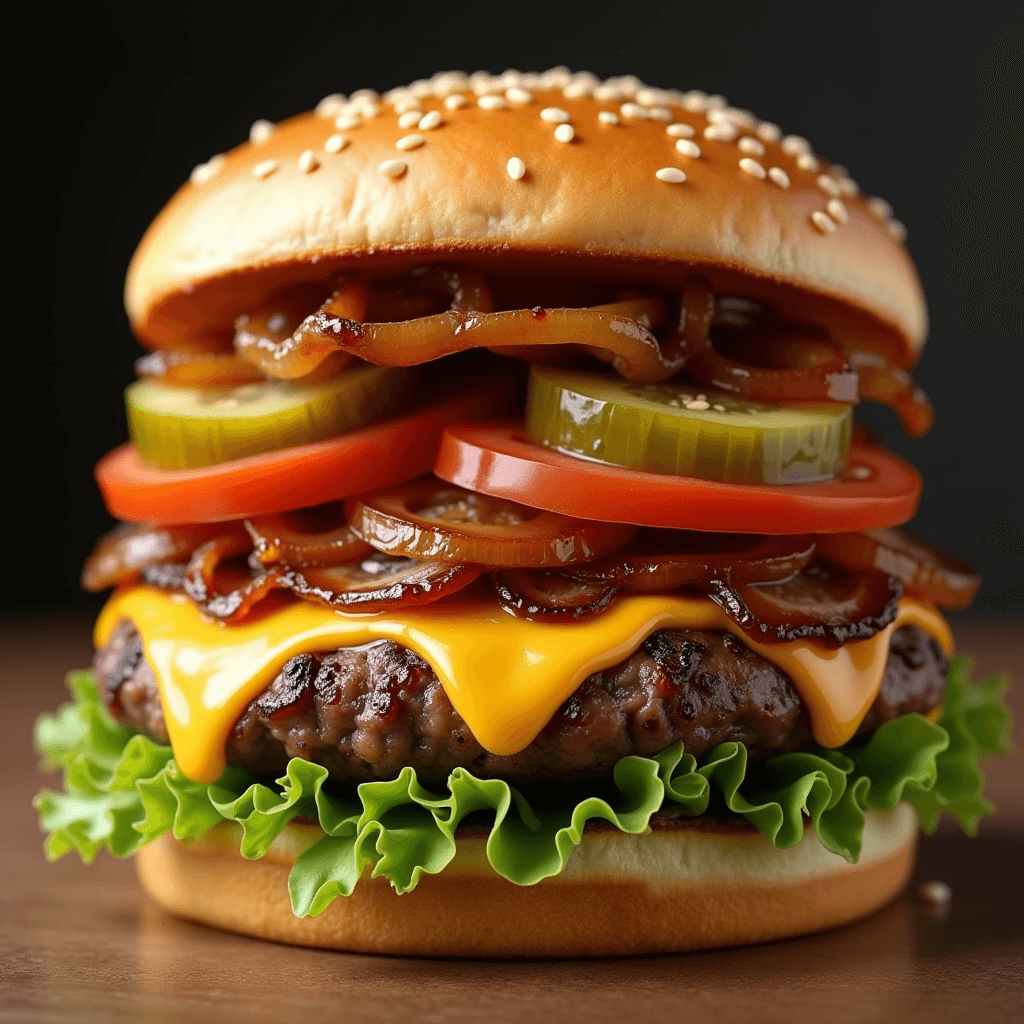 AI generated: A hyper-realistic close-up of a juicy hamburger, stacked high with a perfectly grilled beef patty dr...