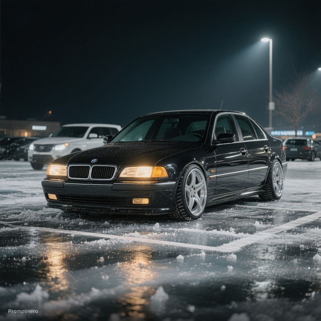 AI generated: modified black stance e38 parked in icy parking lot background is dark and the car lights are on
