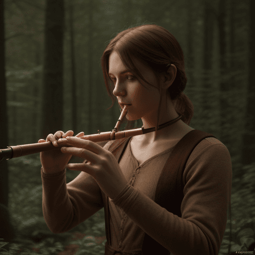 AI generated: an average looking, DnD human, in a forest, plaing a wooden piccolo flute, cinematic light, 4k, phot...