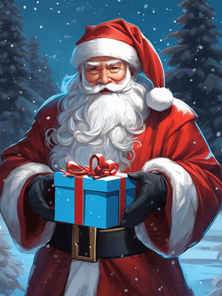 AI generated: digital illustration of an old santa claus holding a gift, in the style of manga, looking at the vie...