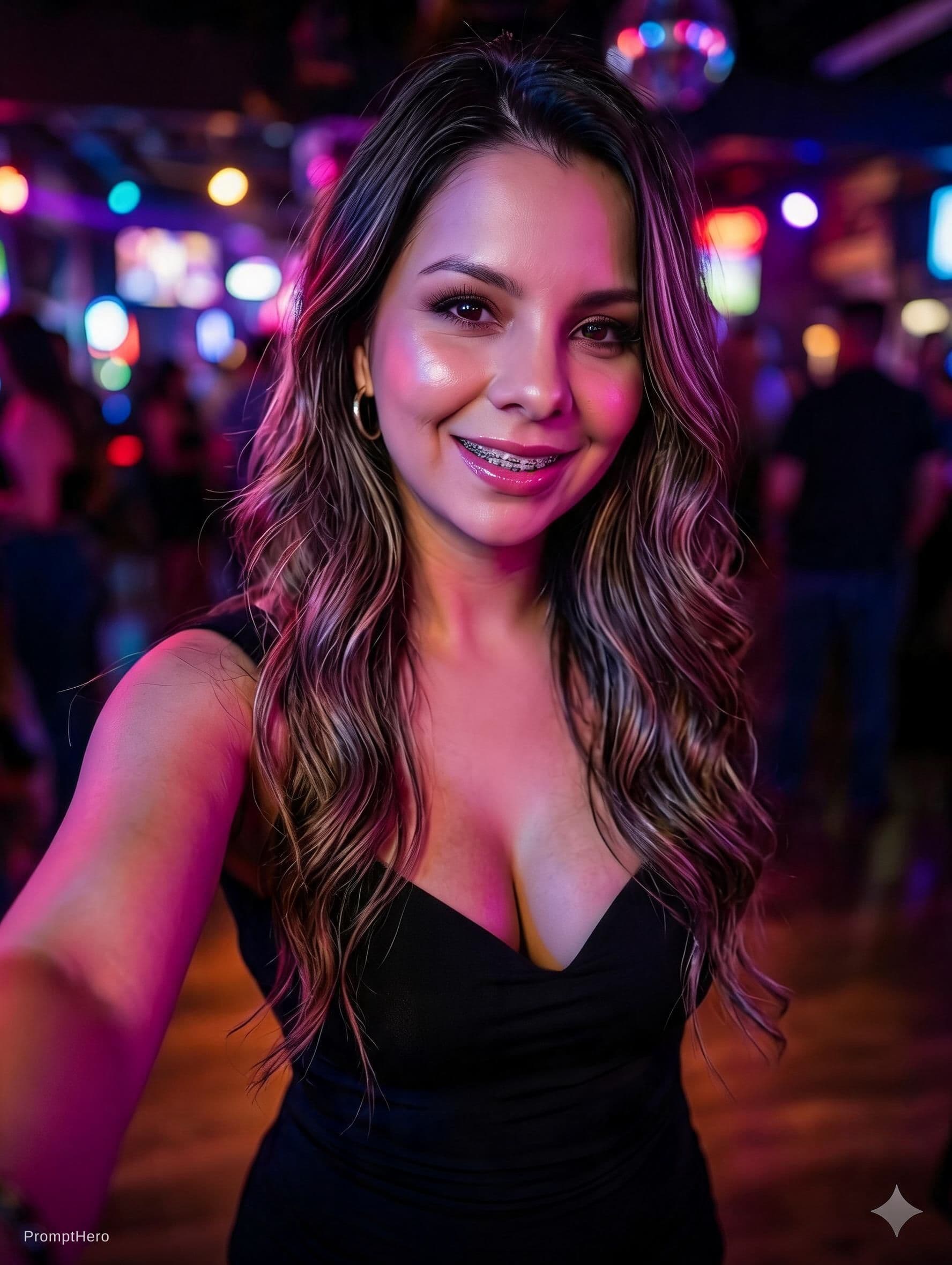 AI generated: Provocative nightlife portrait of the same woman from the reference photo, maintaining her exact fac...