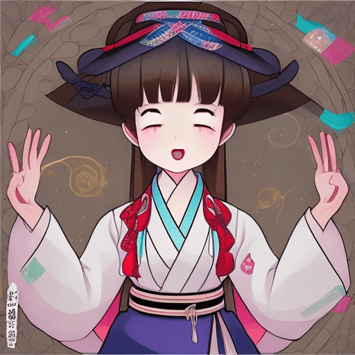 AI generated: a woman wearing hanbok at night near the han river, a cute and adorable anime style manga comic cart...