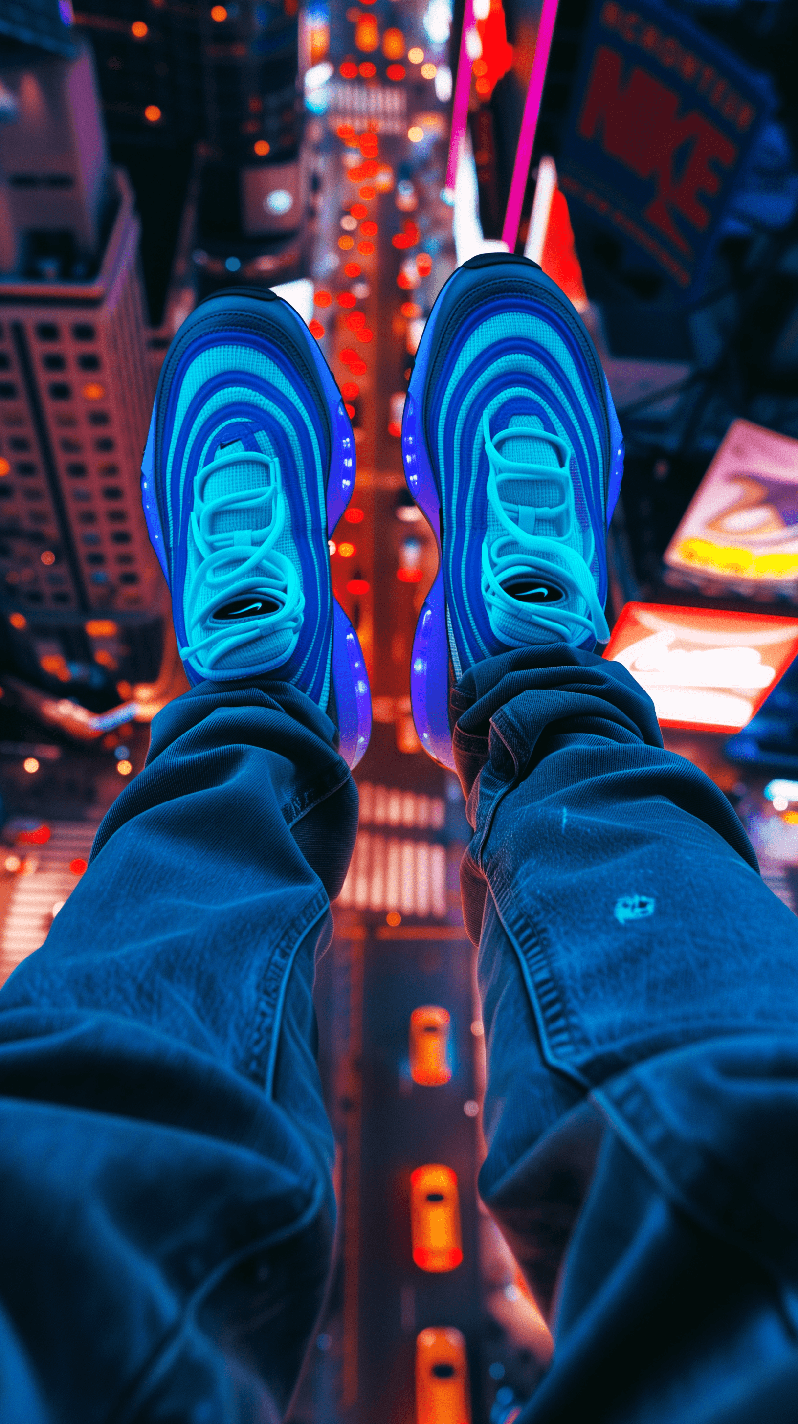 AI generated: down at shoes, fluorescent blue color Nike Airmax 97, denim cargo jogger pants