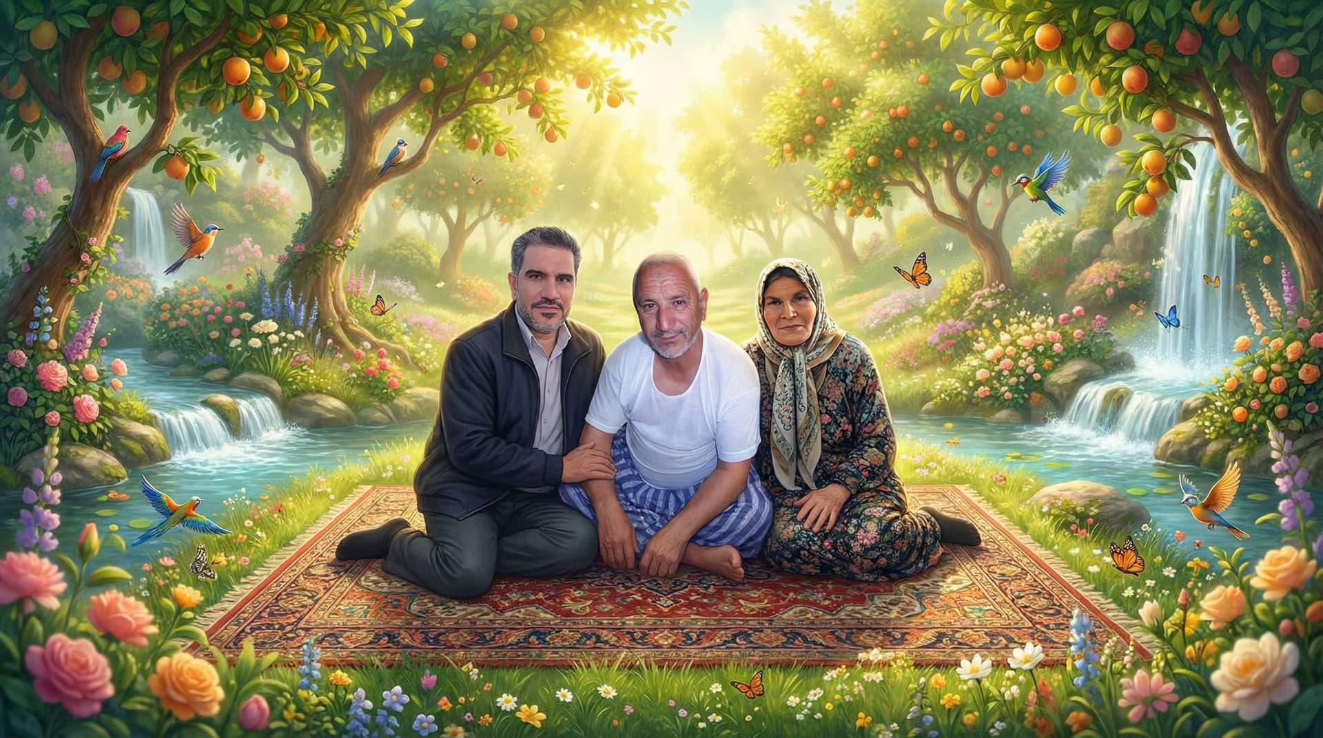 AI generated: هر سه کنار هم در جایی مثل بهشت زیبا و سرسبز