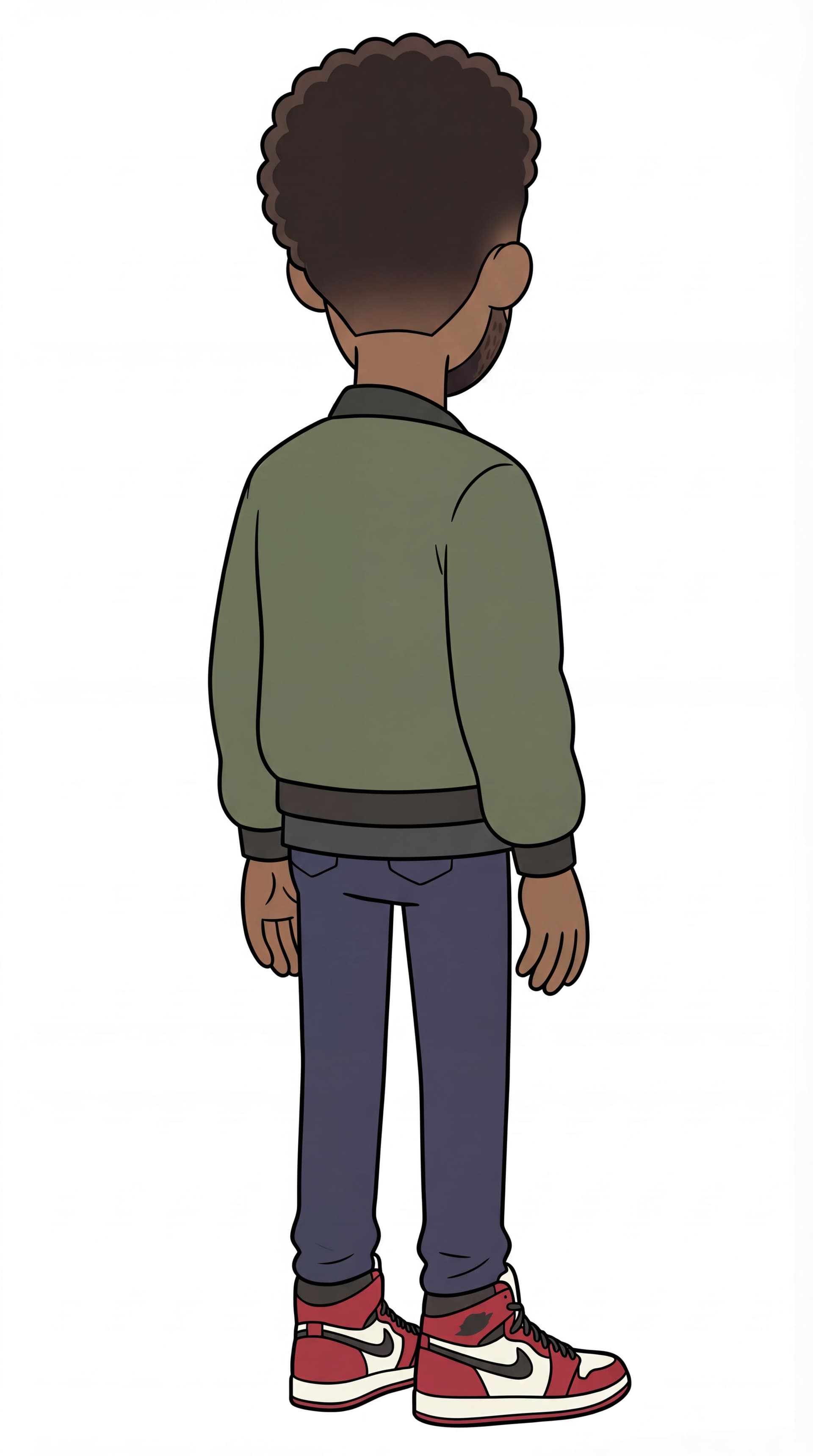 AI generated: make his head direction phase as his torso and legs. show his rear side but in the position of the b...