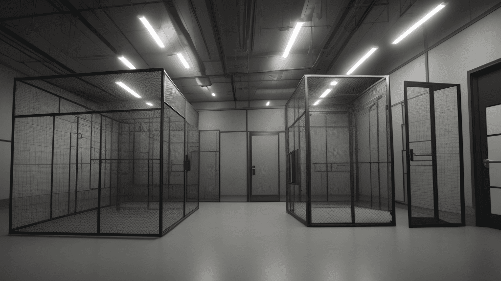 AI generated: A secret laboratory with cages where hybrids are trapped