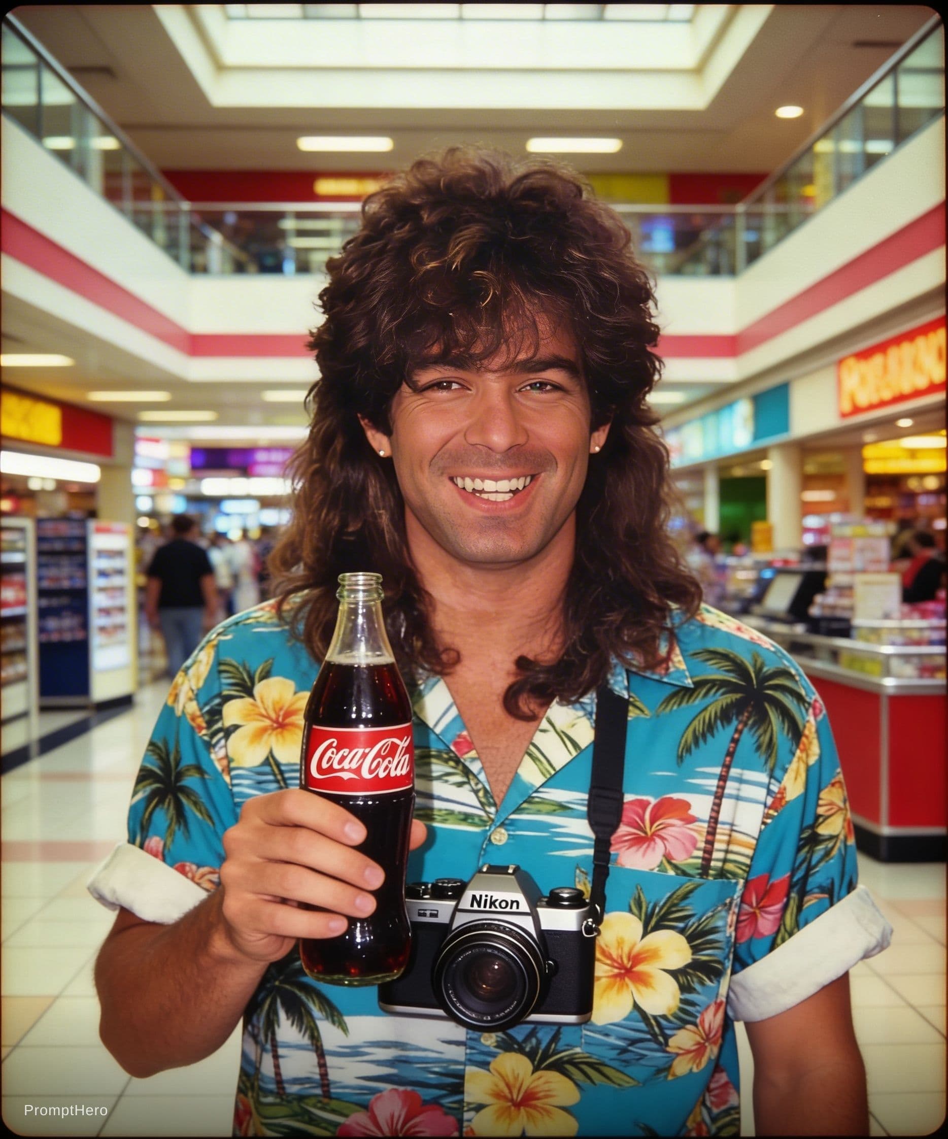 AI generated: Have this guy standing in a mall, holding a cold bottle of Coca Cola and wearing a nice 80’s style H...