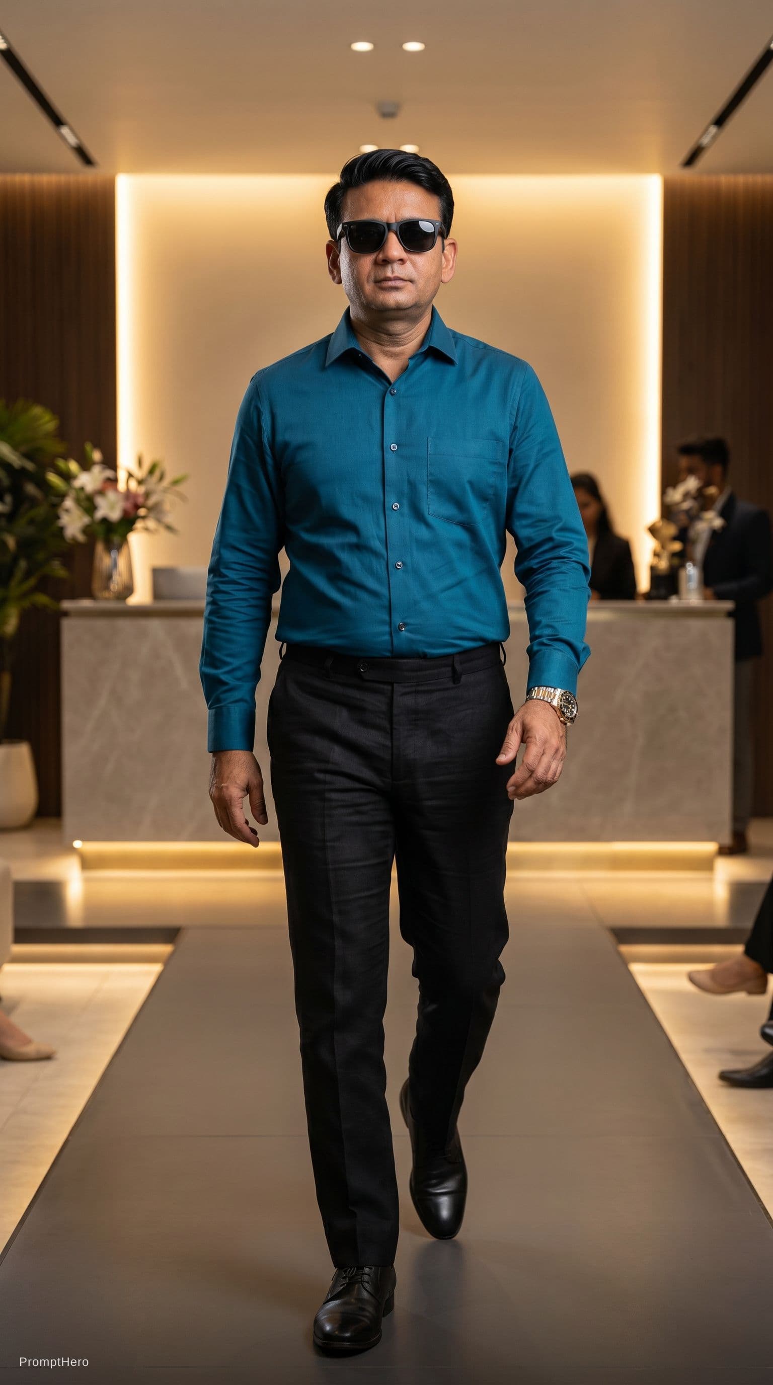 AI generated: Ultra-realistic cinematic full-body portrait of a confident Indian man around 40 years old with a sl...
