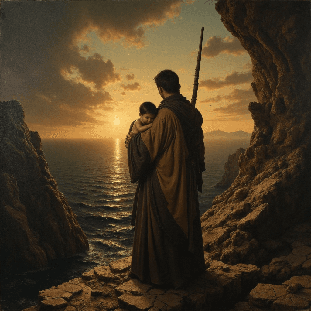 AI generated: On the jagged cliffs of a broken continent, a man in a sun-bleached cloak watches the final sun vani...