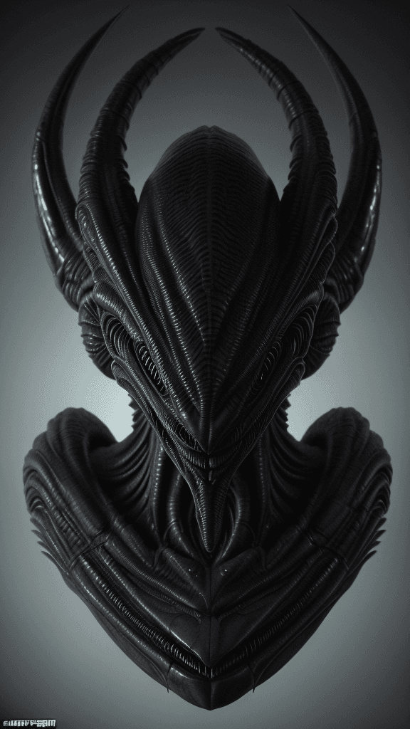AI generated: alien head with a large, sharp, sharp, and sharp face, concept art inspired by Giger, zbrush central...