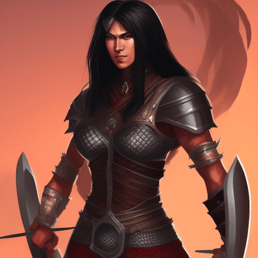 AI generated: full-body illustration, noble and valiant female fighter from nomadic dynasty, chain mail, red armor...
