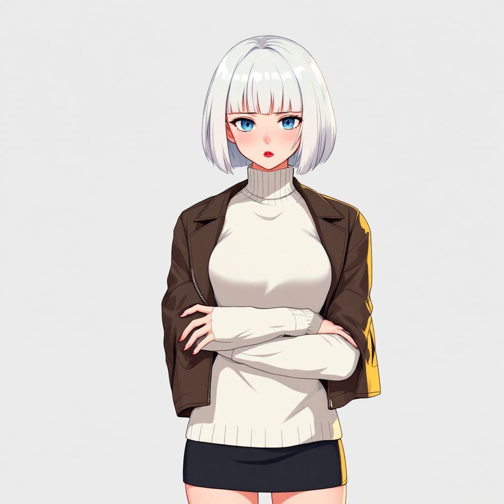 AI generated: anime, woman, white hair, bob cut, straight bangs, blue eyes, red lips, white sweater, tight sweater...