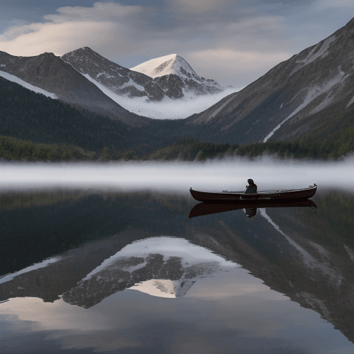 AI generated: “A tranquil mountain lake landscape with a floating wooden boat in the foreground perfectly reflecte...