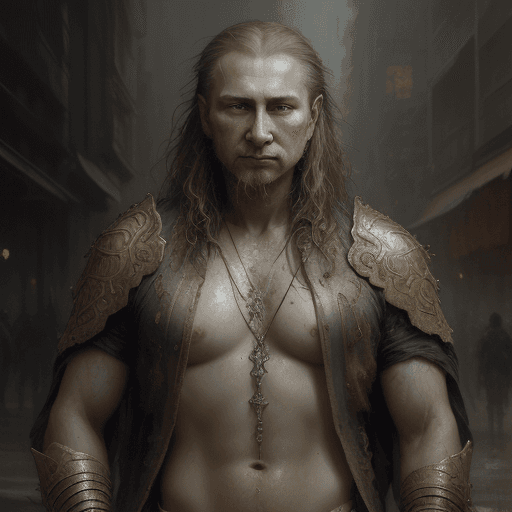 AI generated: bloody Putin; by Gaston Bussière; by Ruan Jia; by Pino Daeni; Urban Dystopia; Hyper Realism; Nightli...