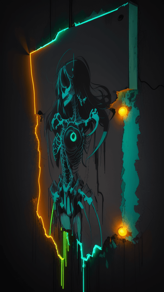 AI generated: a neon smashed up wall with a light coming out in the middle, in the style of anime art, skeletal, l...