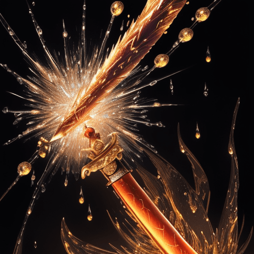 AI generated: A samurai figure made of enchanted flames holds a sword made of cascading raindrops that resemble sp...