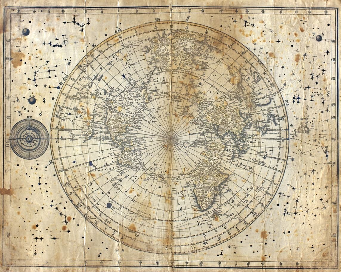AI generated: An old weathered map marked with constellations, mathematical lines, and symbols.