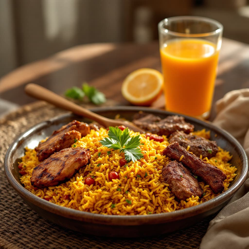 AI generated: The Nigerian jollof rice in a large bowl with grilled chicken & beef in it, on a mat in an African h...