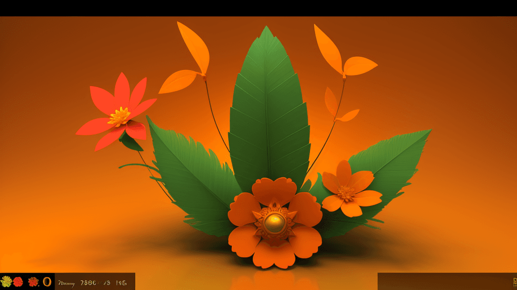 AI generated: abstract 3D shape parot, foliage and flowers incorporated, light emitting, orange background