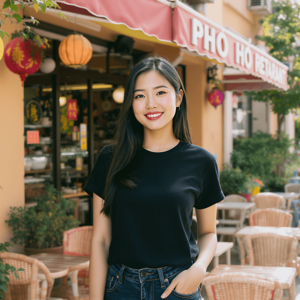 AI generated: A Vietnamese restaurant model, a young Vietnamese woman with sleek black hair, wearing a black T-shi...
