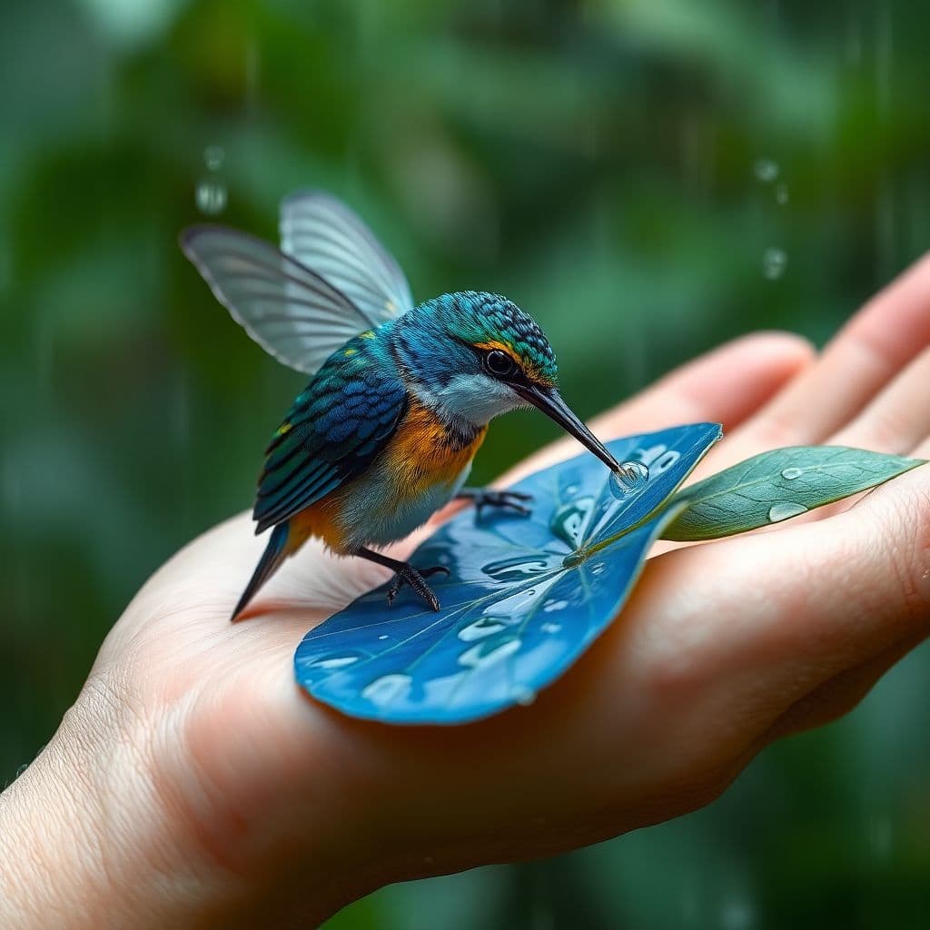 AI generated: Kolibri sitting in the palm of my hand and drinks water from a blue  leaf, very beautiful and very d...