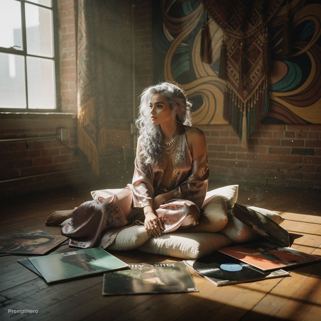 AI generated: A tall, soft-bellied woman with cascading silver waves styled in loose, messy curls lounges on plush...