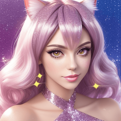 AI generated: Close-up of a cat crossdresser, glitter background, shiny glitter hair, professional profile photo, ...