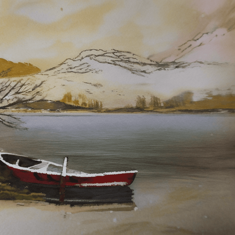 AI generated: Old rowing boat moored on a Scottish Loch, snowy scene,  realistic landscape