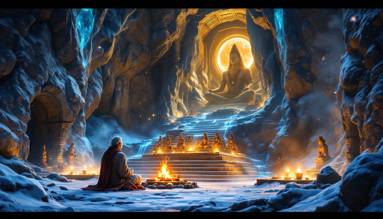 AI generated: "A mystical and ancient Shiva temple hidden deep within the snowy Himalayas, surrounded by towering ...