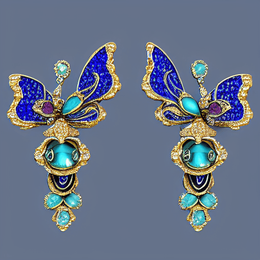 AI generated: full display of baroque style jewelry design, a pair of earrings, blue gemstones with different satu...