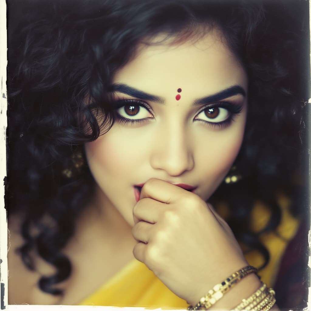 AI generated: Naina, biting her lip, 35-40 years old, Black curly hair, Indian hair style, saree yellow, trying to...