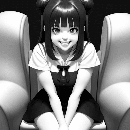 AI generated: Cartoon girl smiling, Anime cute, big beautiful eyes, fully seated, smile,{{{{{{black and white styl...