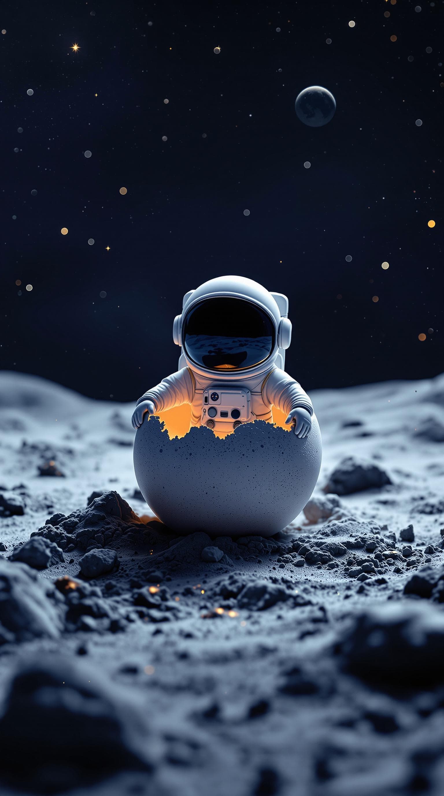 AI generated: a tiny astronaut hatching from an egg on the moon