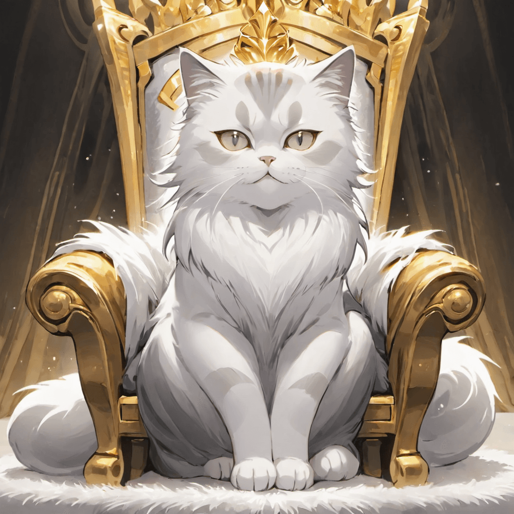 AI generated: majestic fine cat, "white fur with grey streaks", wise round eyes, muscular, sitting on a golden thr...