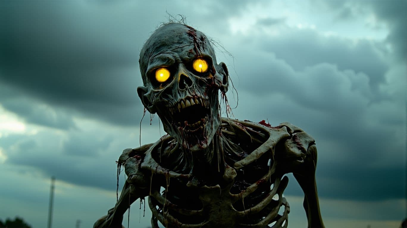 AI generated: "A terrifying zombie-like creature with decayed, rotting skin, glowing yellow eyes, and sharp, menac...