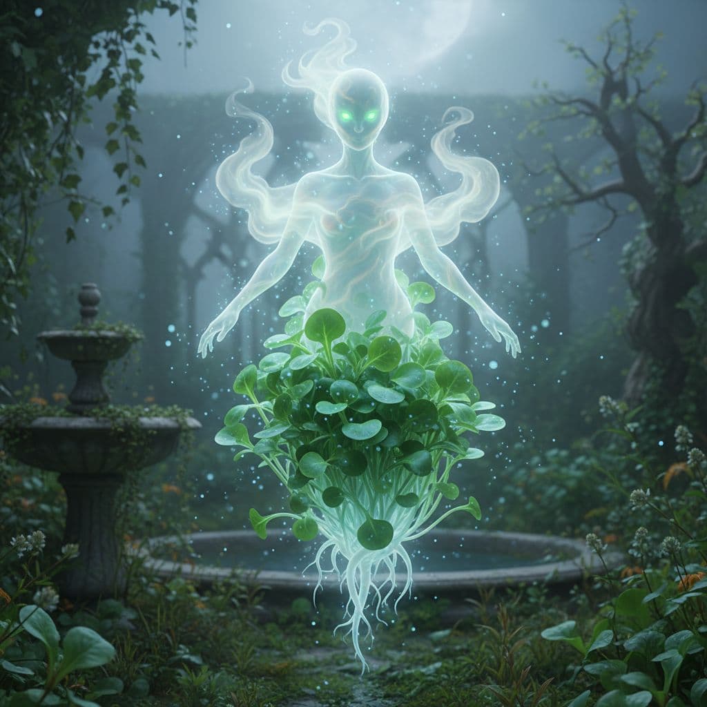 AI generated: make a creature that is half ghost half Valerianella locusta