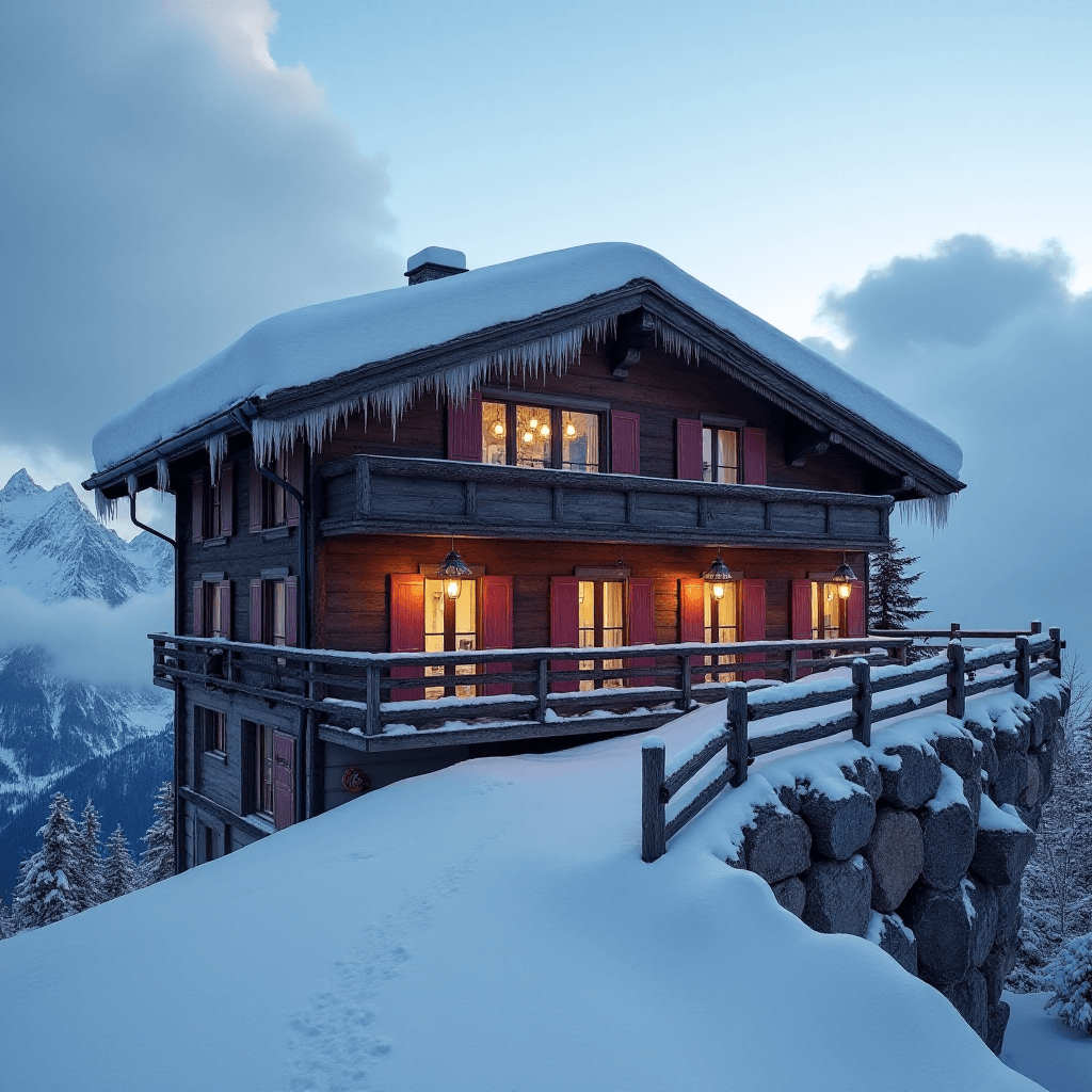 AI generated: [A traditional alpine wooden lodge, "Ostler Hütte", perched atop a snow-covered mountain in the Allg...