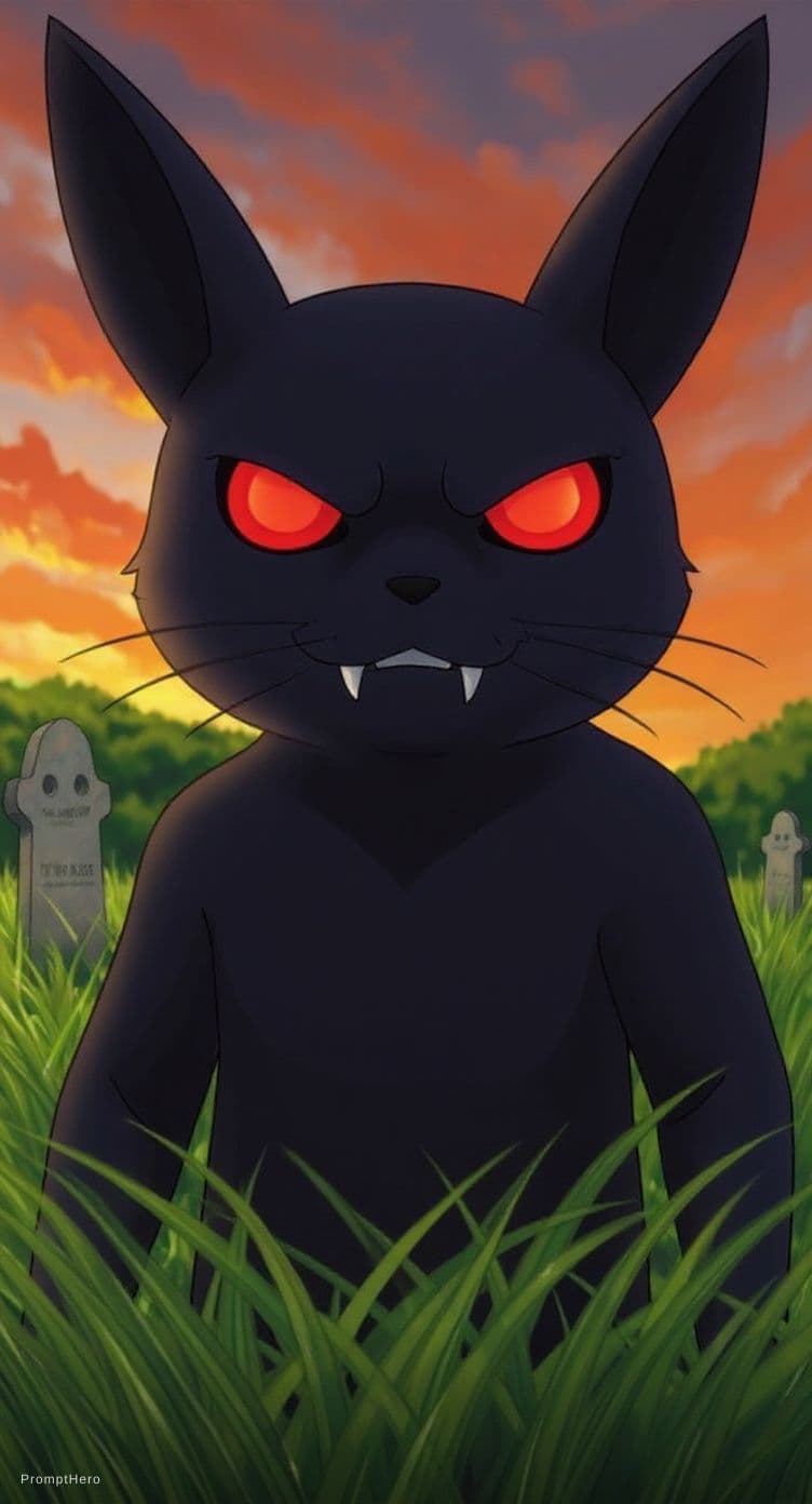 AI generated: He is black with evil red eyes, cementery background
