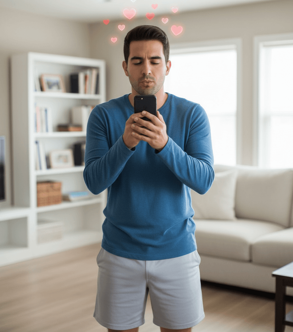 AI generated: Hispanic male guy is at home standing in his living room. He is 5'0" tall, he is kissing his phone. ...