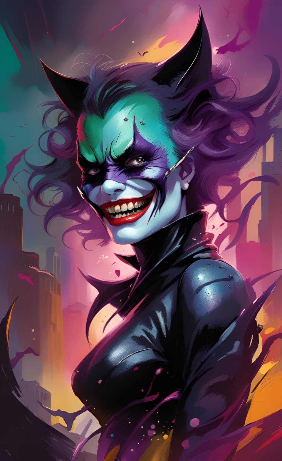 AI generated: Insane art poster portrait of Cat-woman as The Joker, aggressive smiling pose, vivid color, artistic...